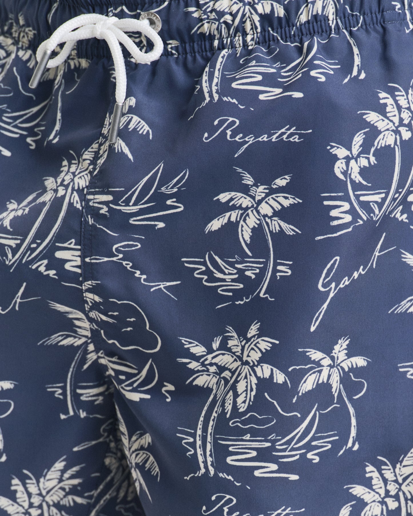 DUSTY NAVY, ISLAND PRINT SWIM SHORTS, CLOSE-UP BY GANT AU.