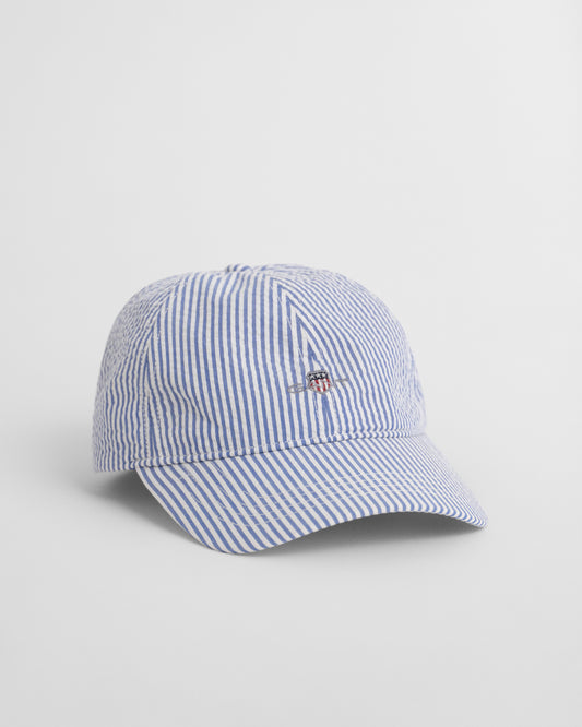 RICH BLUE, STRIPED SEERSUCKER CAP, FRONT-VIEW BY GANT AU.