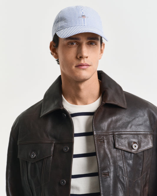 RICH BLUE, STRIPED SEERSUCKER CAP BY GANT AU.