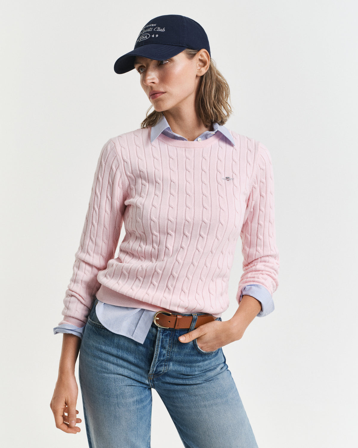 SALMON, STRETCH COTTON CABLE C-NECK, FRONT-VIEW BY GANT AU.