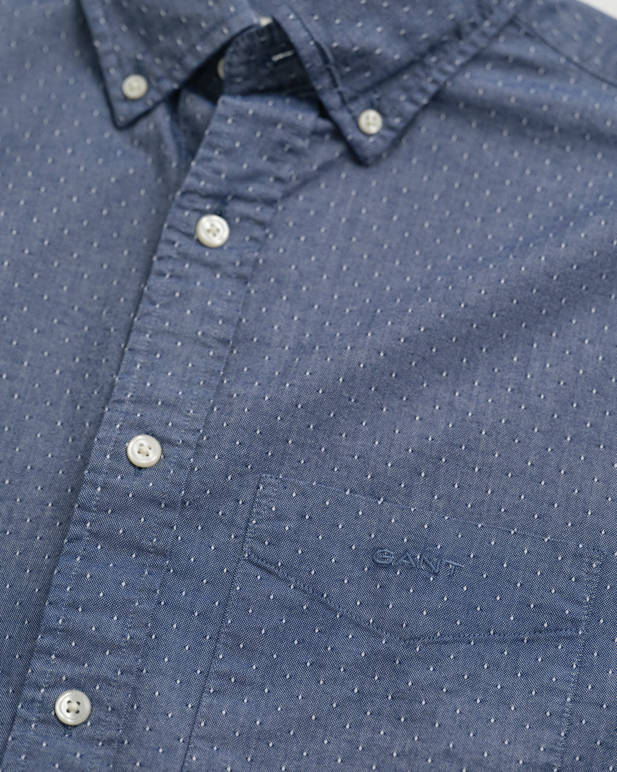 PERSIAN BLUE, REG OXFORD DOBBY DOT SHIRT, FLAT-LAY BY GANT AU.