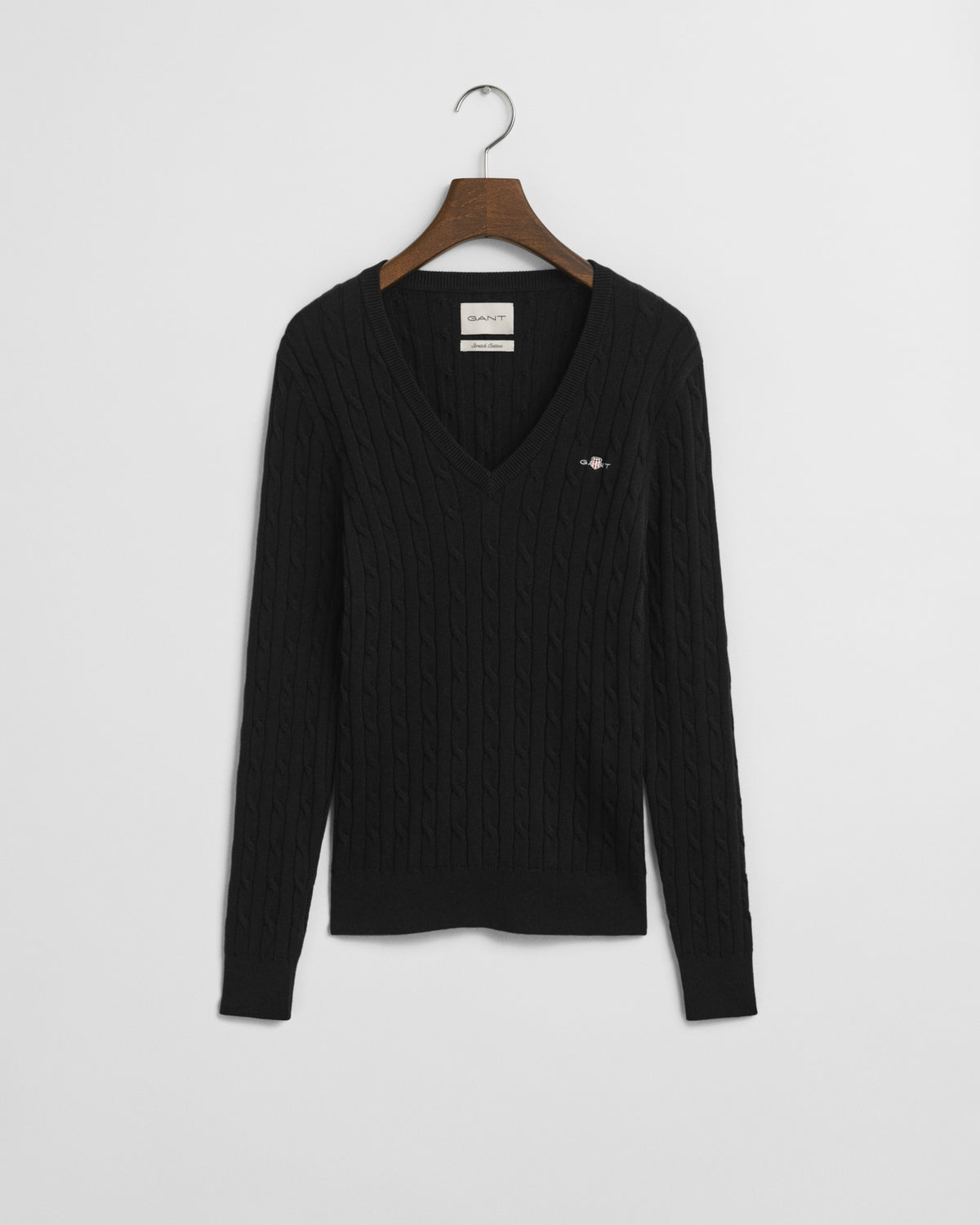 BLACK, STRETCH COTTON CABLE V-NECK BY GANT AU.