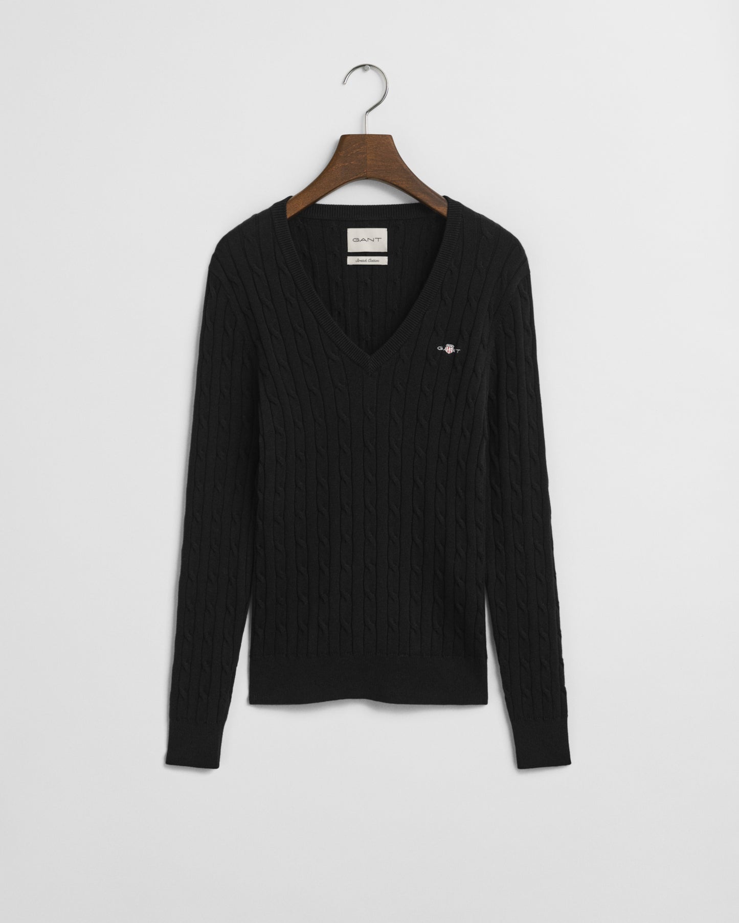 BLACK, STRETCH COTTON CABLE V-NECK BY GANT AU.