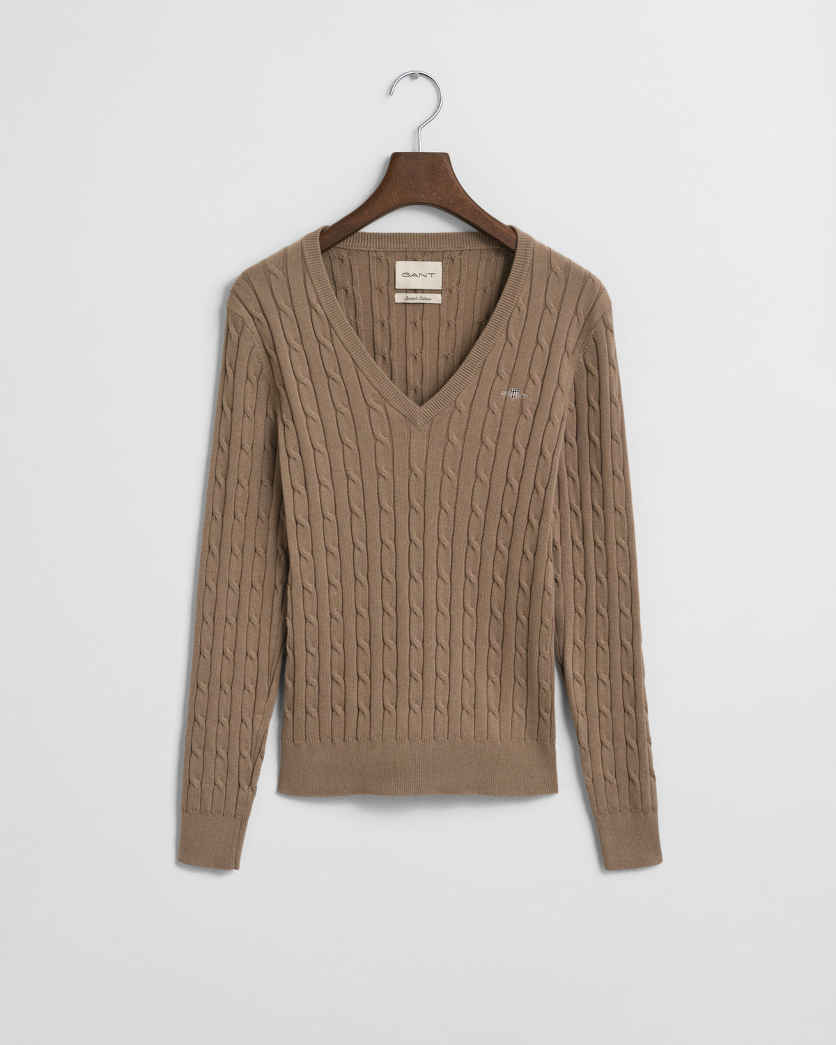 TAUPE BEIGE, STRETCH COTTON CABLE V-NECK BY GANT AU.