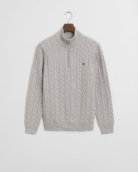 CLOUD GREY MELANGE, COTTON CABLE HALF ZIP BY GANT AU.