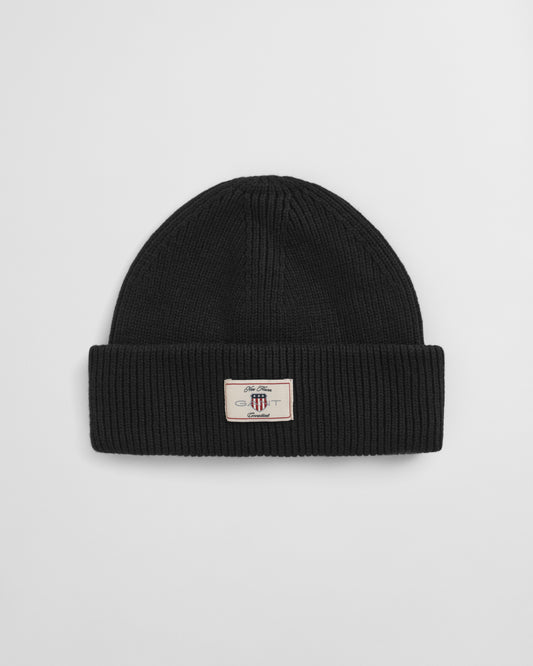 BLACK, COTTON BLEND RIBBED BEANIE BY GANT AU.