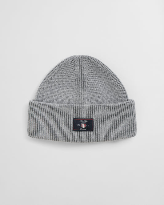 GREY MELANGE, COTTON BLEND RIBBED BEANIE BY GANT AU.