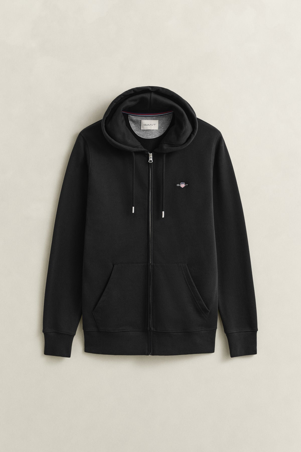 BLACK, REG SHIELD FULL ZIP HOODIE, FLAT-LAY BY GANT AU.