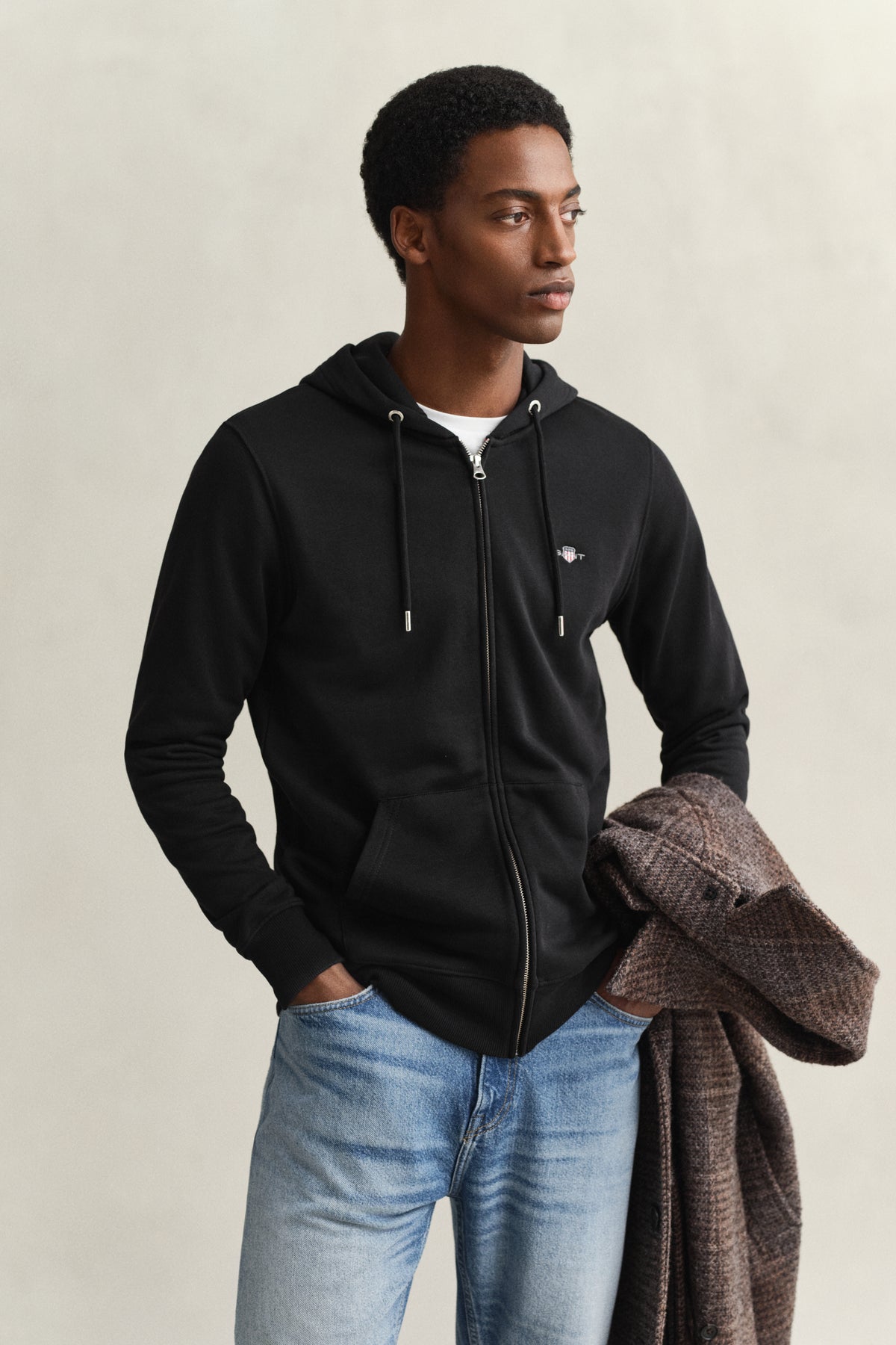 BLACK, REG SHIELD FULL ZIP HOODIE, FRONT-VIEW BY GANT AU.