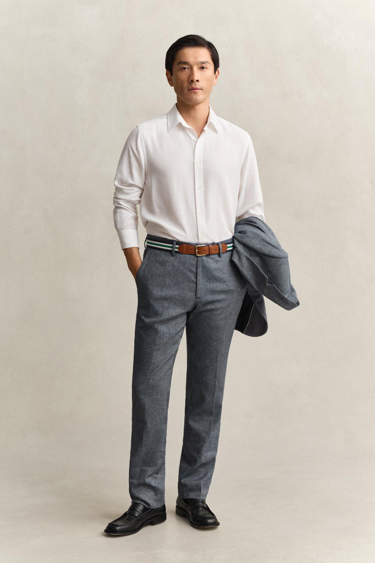 MARINE, INDIGO HERRINGBONE SUIT PANTS, FRONT-VIEW BY GANT AU.
