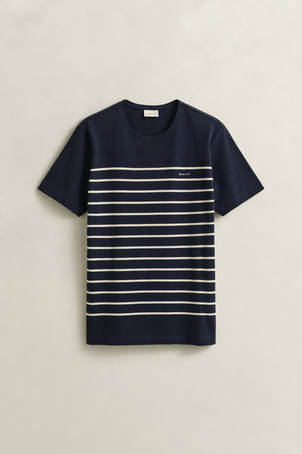EVENING BLUE, PLACED STRIPE SS TSHIRT, FLAT-LAY BY GANT AU.