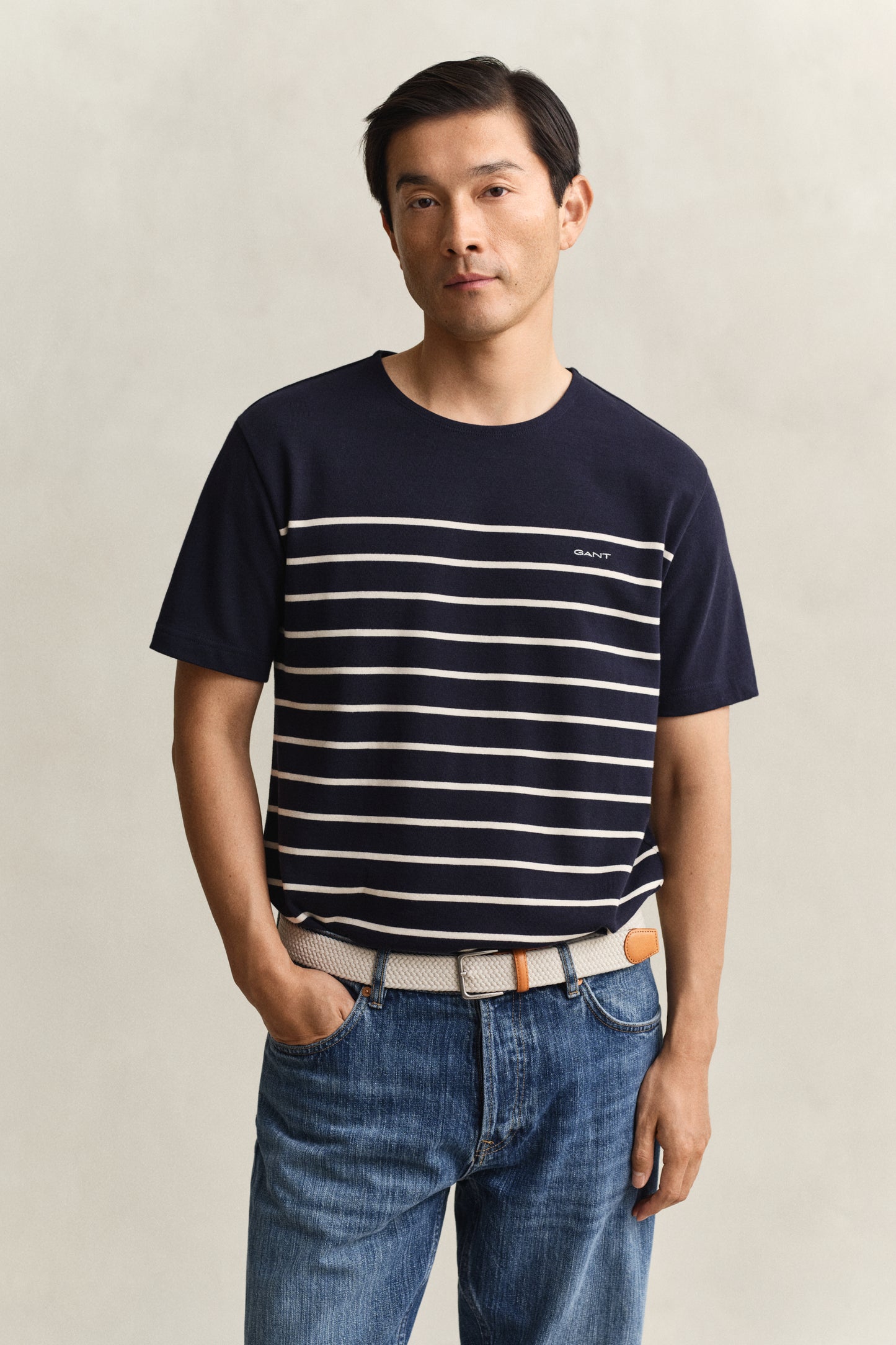 EVENING BLUE, PLACED STRIPE SS TSHIRT, FRONT-VIEW BY GANT AU.