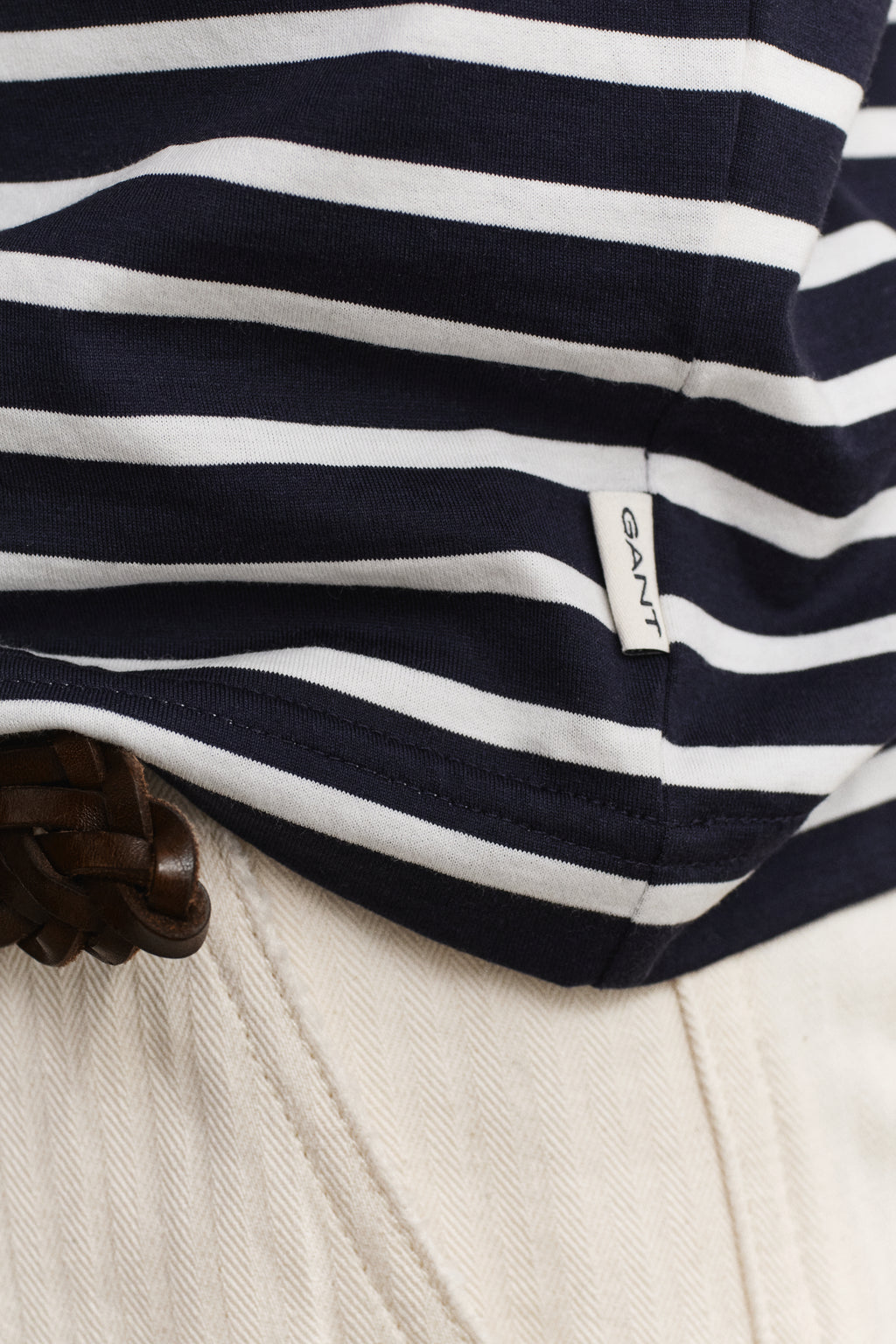 MODEL WEARING PIMA STRIPE SS TSHIRT