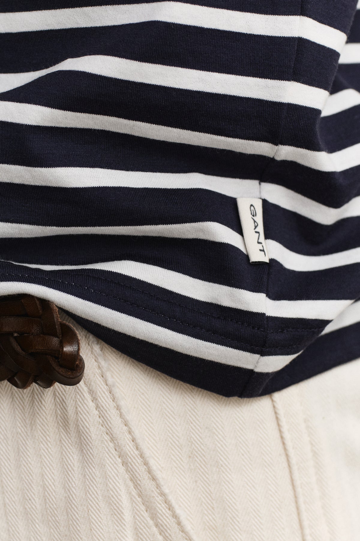 MODEL WEARING PIMA STRIPE SS TSHIRT