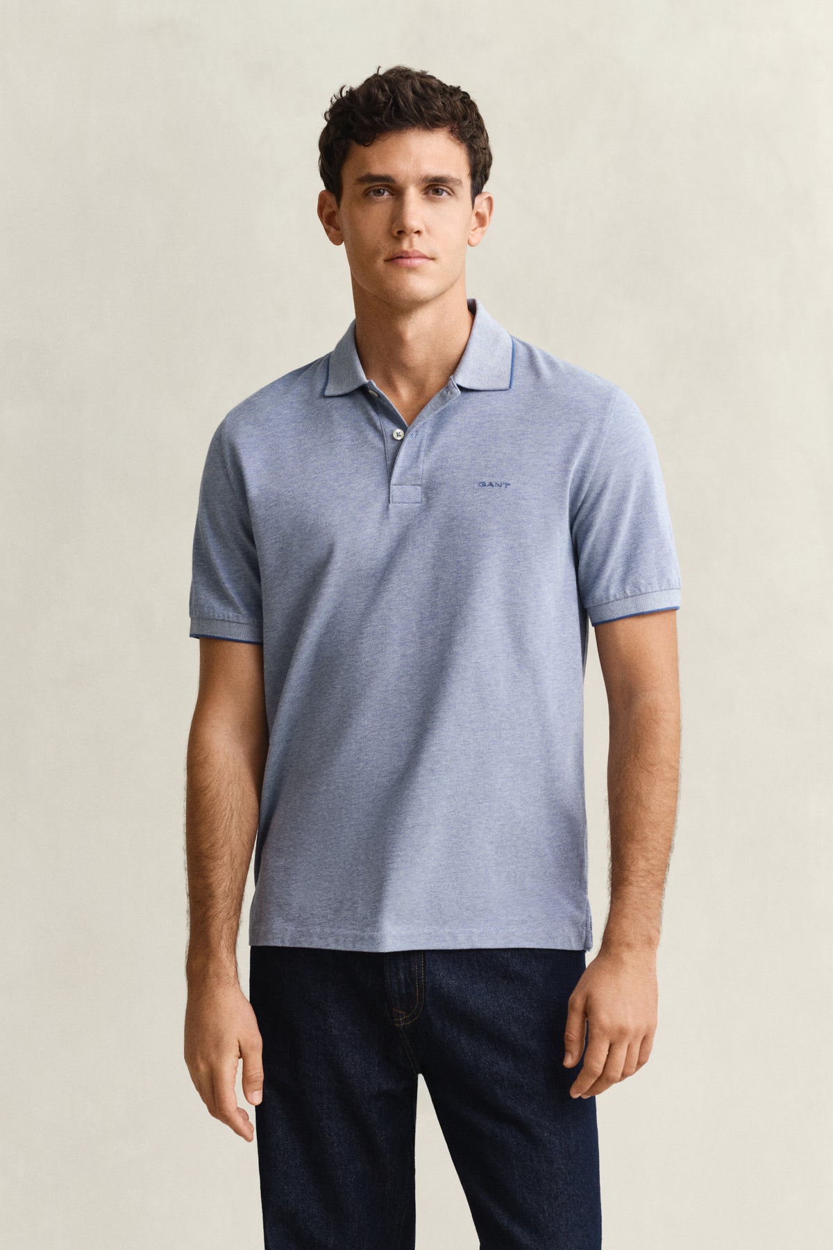VINTAGE BLUE, 2 TONE SS POLO, FRONT-VIEW BY GANT AU.