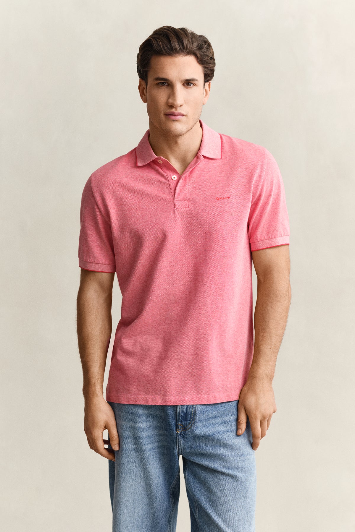 ROSE RED, 2 TONE SS POLO, FRONT-VIEW BY GANT AU.
