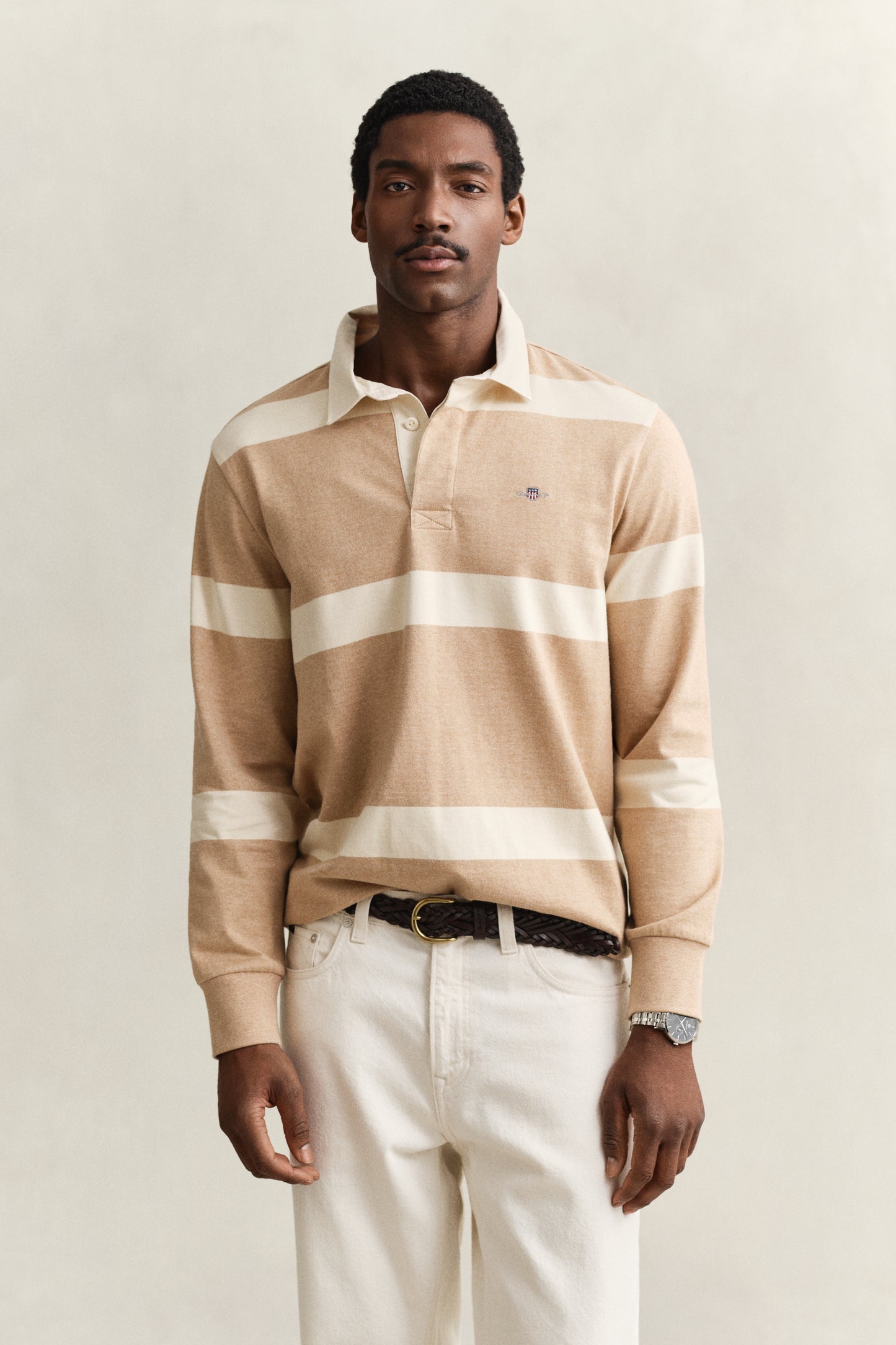KHAKI MELANGE, STRIPED RUGGER, FRONT-VIEW BY GANT AU.