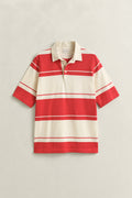 ROSE RED, STRIPED SS RUGGER, FLAT-LAY BY GANT AU.