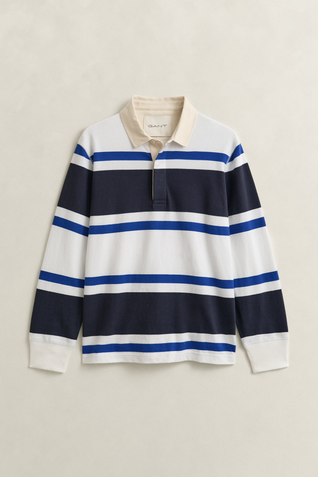EVENING BLUE, BLOCKED STRIPE RUGGER, FLAT-LAY BY GANT AU.