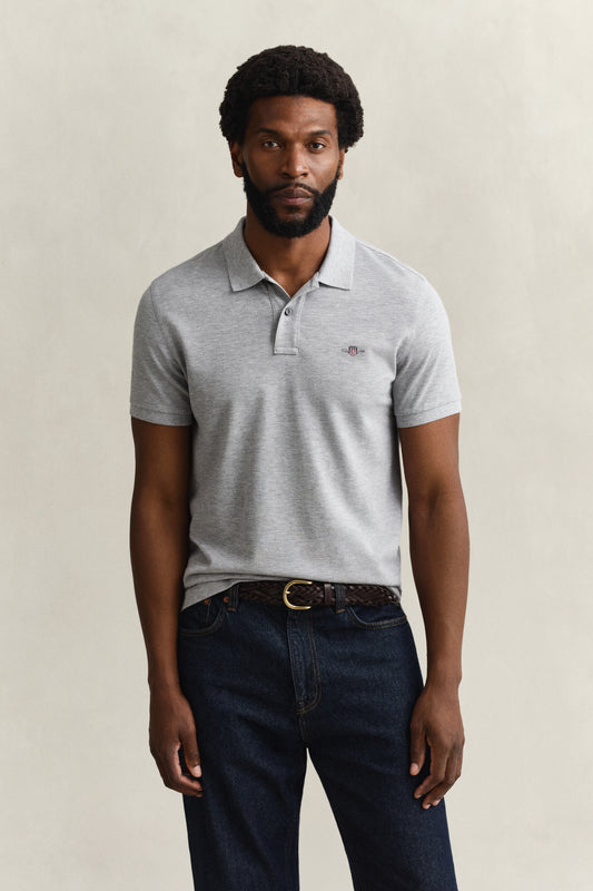 GREY MELANGE, SLIM SHIELD SS PIQUE POLO, FRONT-VIEW BY GANT AU.