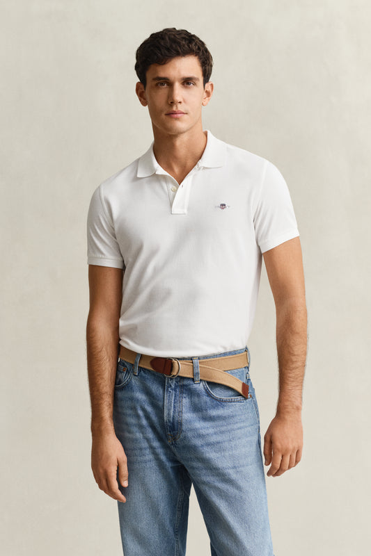 WHITE, SLIM SHIELD SS PIQUE POLO, FRONT-VIEW BY GANT AU.