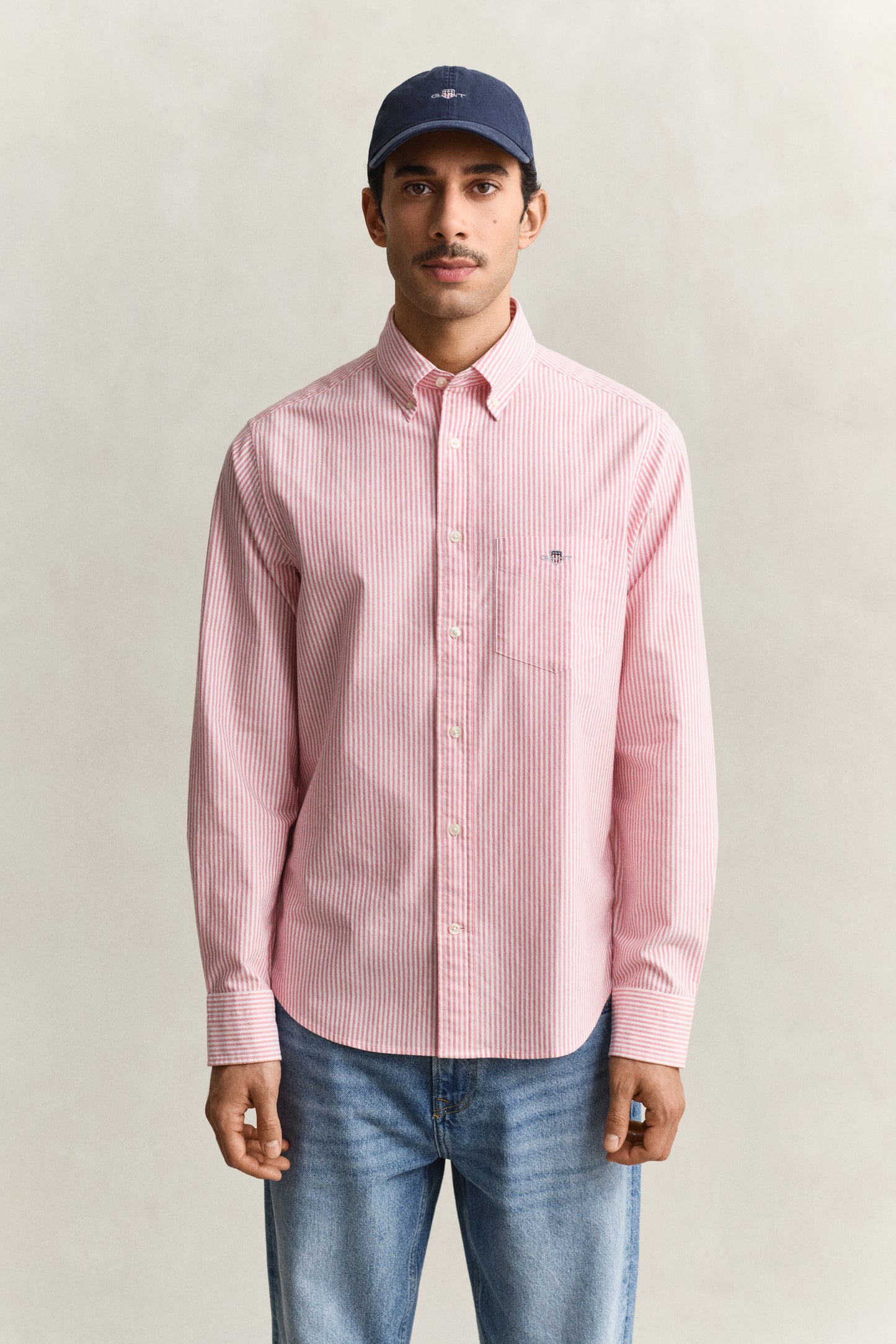 MODEL WEARING REG CLASSIC OXFORD STRIPE SHIRT