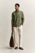 DRY HERB GREEN, REG GMNT DYED LINEN SHIRT BY GANT AU.