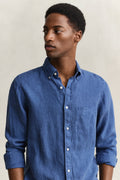 MODEL WEARING REG GMNT DYED LINEN SHIRT