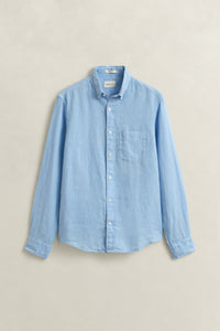 SKY BLUE, REG GMNT DYED LINEN SHIRT, FLAT-LAY BY GANT AU.