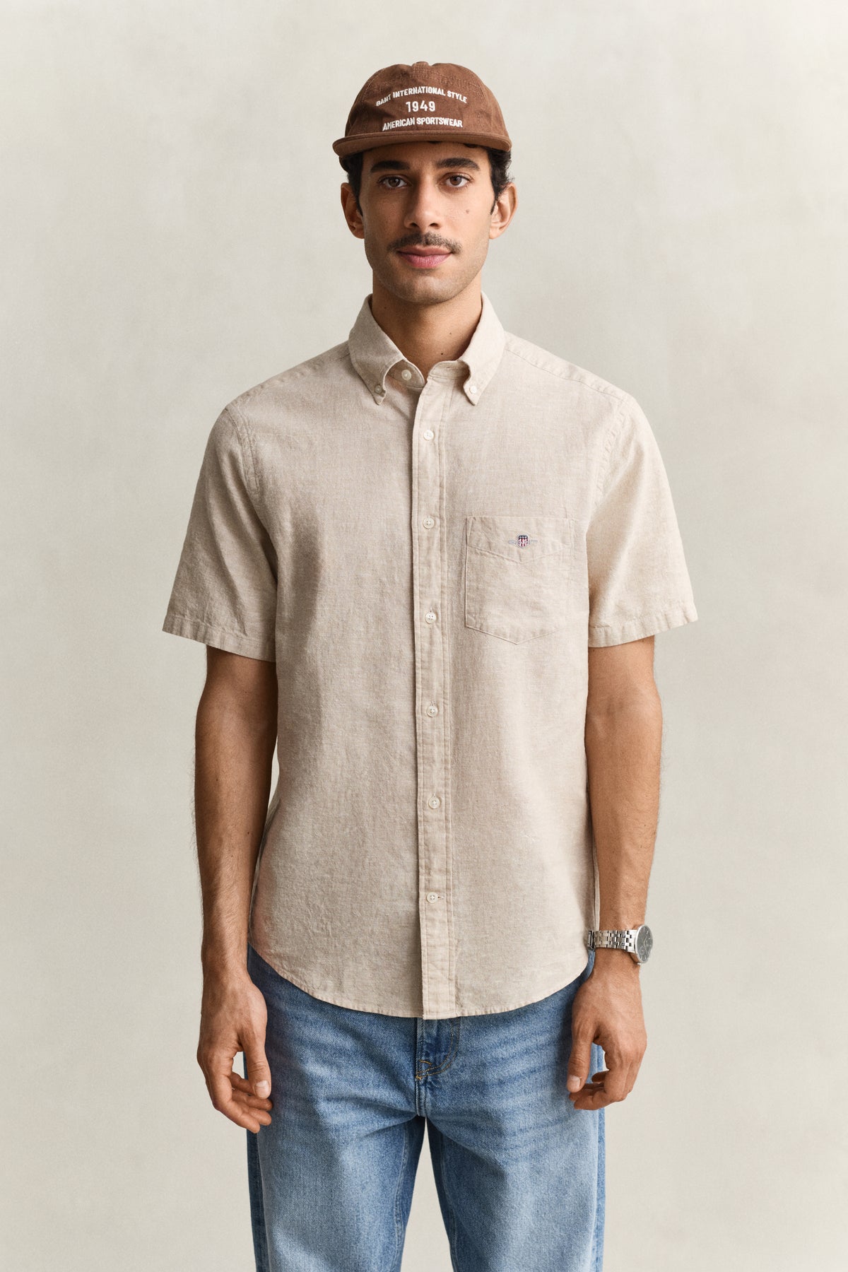 MODEL WEARING REG COTTON LINEN SS SHIRT