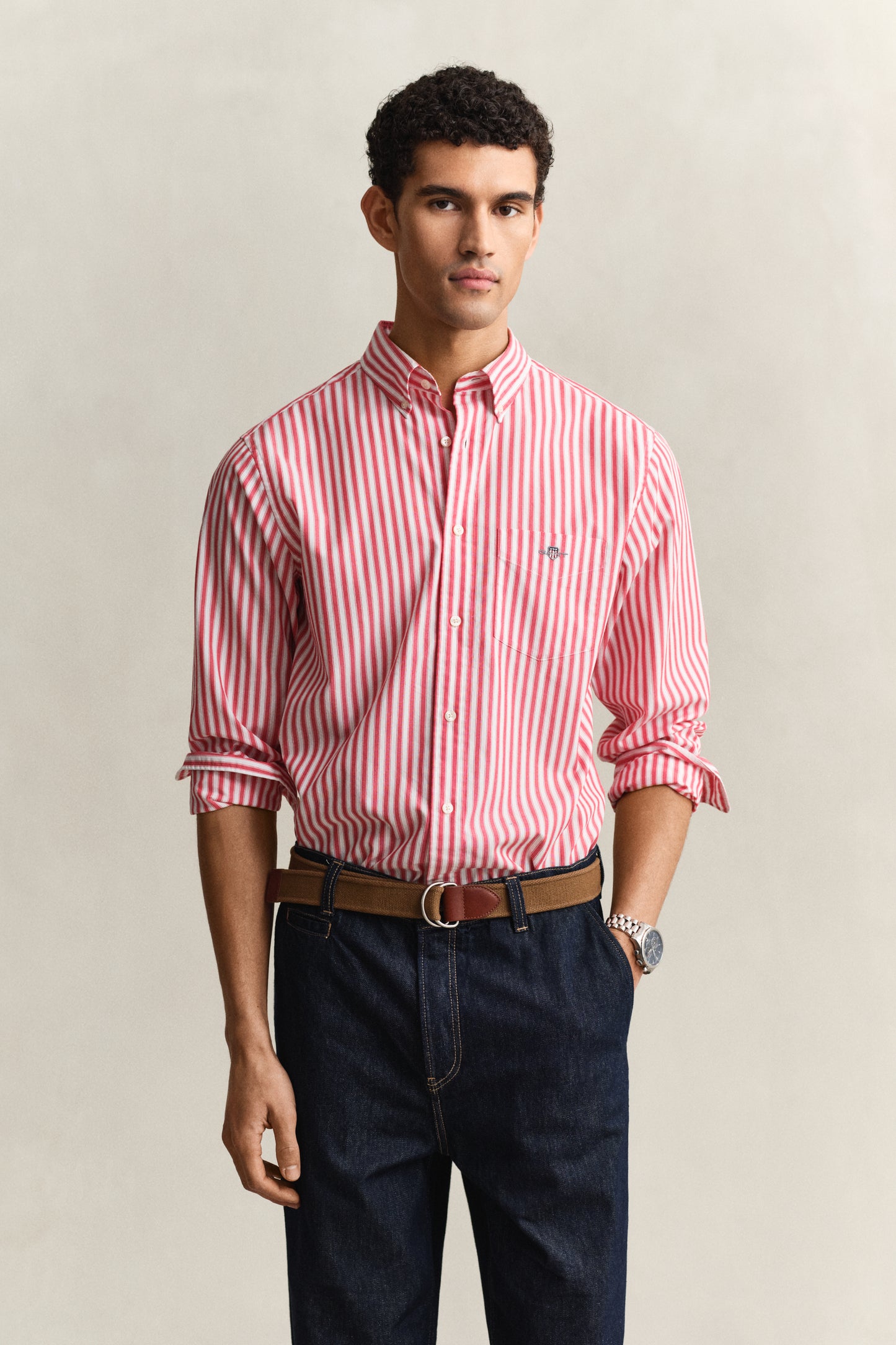 ROSE RED, REG CLASSIC POPLIN STRIPE SHIRT, FRONT-VIEW BY GANT AU.
