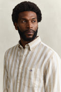 MODEL WEARING REG COTTON LINEN STRIPE SHIRT
