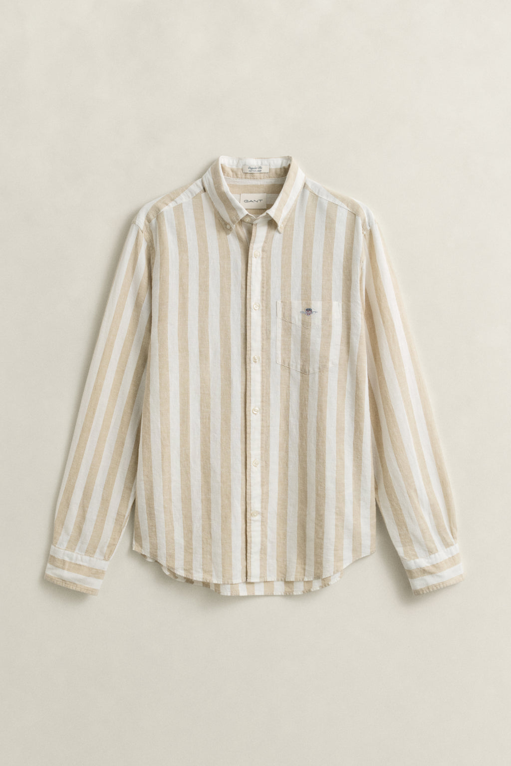 OAT BEIGE, REG COTTON LINEN STRIPE SHIRT, FLAT-LAY BY GANT AU.