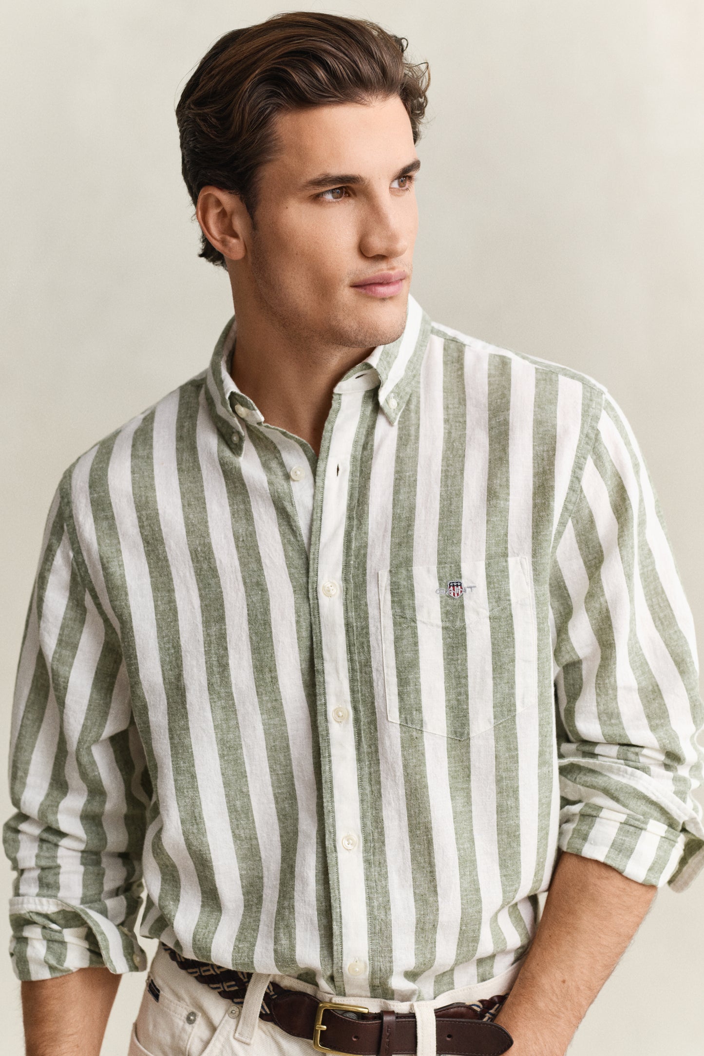 MODEL WEARING REG COTTON LINEN STRIPE SHIRT