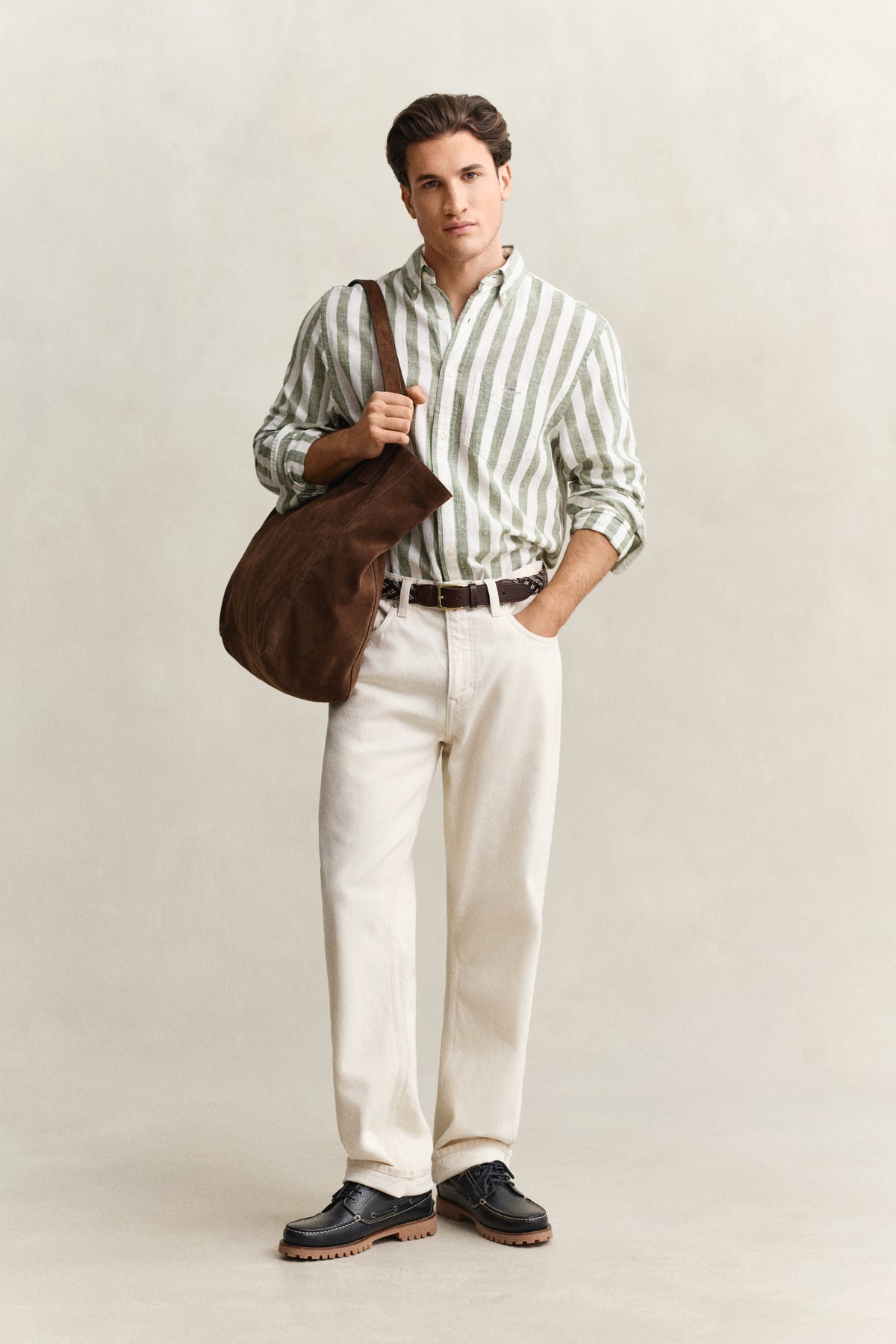 DRY HERB GREEN, REG COTTON LINEN STRIPE SHIRT BY GANT AU.