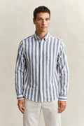 MODEL WEARING REG COTTON LINEN STRIPE SHIRT