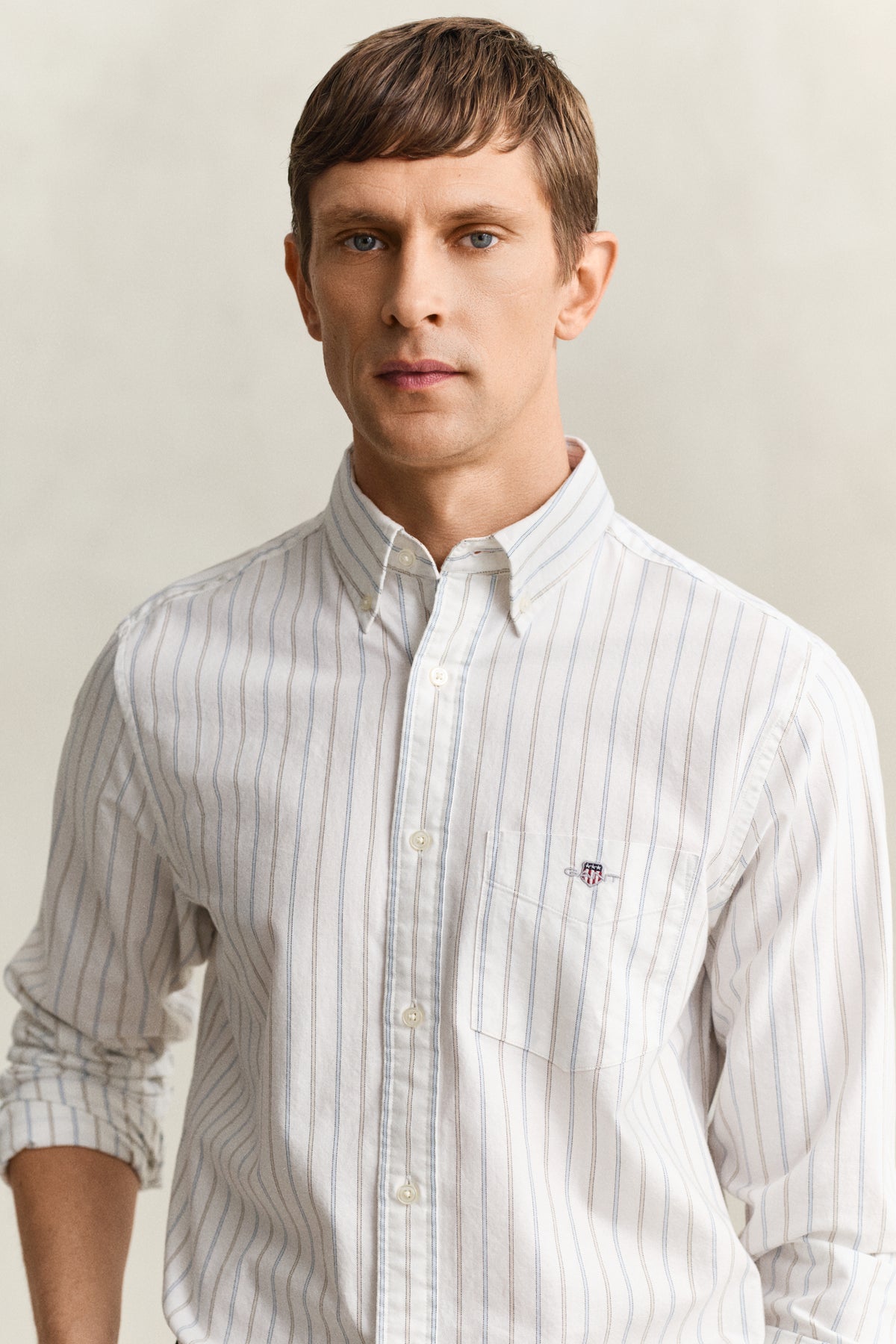 MODEL WEARING REG CLASSIC OXFORD STRIPE SHIRT