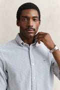 MODEL WEARING REG SEERSUCKER STRIPE SHIRT
