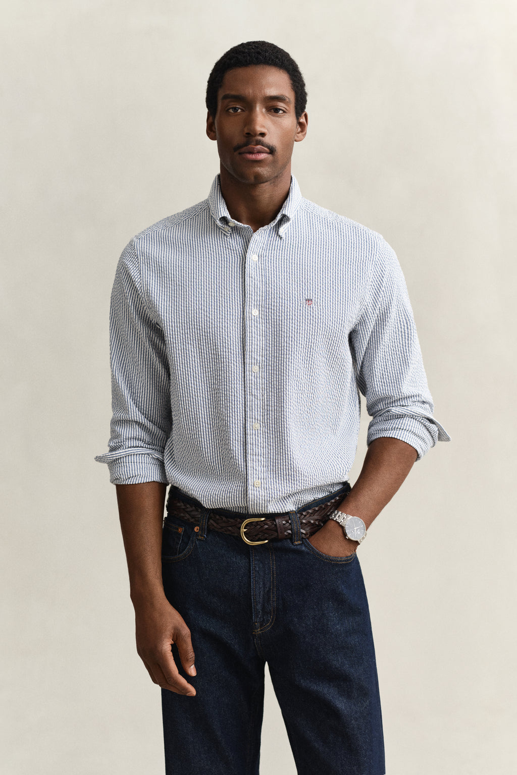 VINTAGE BLUE, REG SEERSUCKER STRIPE SHIRT, FRONT-VIEW BY GANT AU.