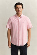 MODEL WEARING REG SEERSUCKER STRIPE SS SHIRT