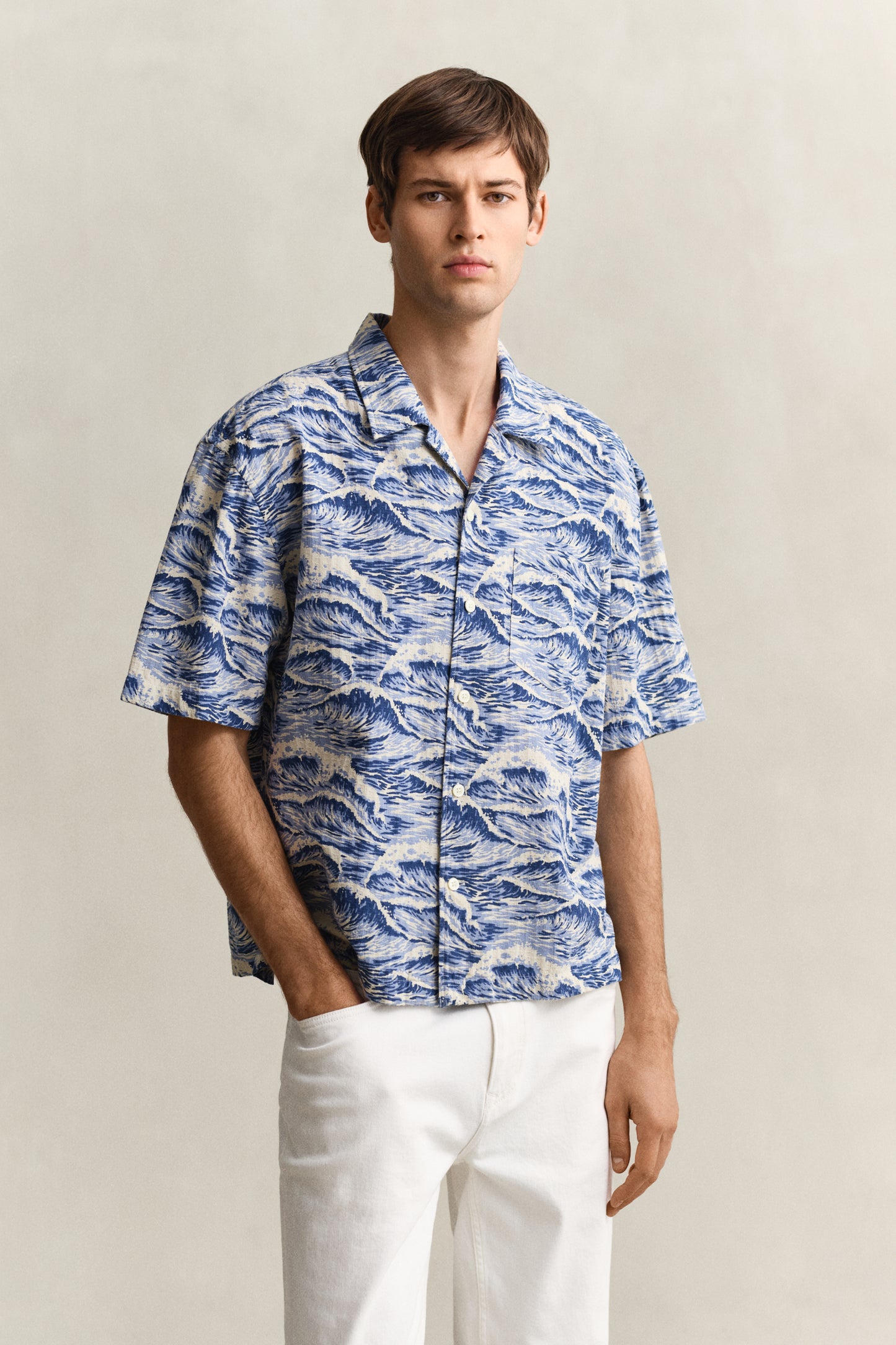 VINTAGE BLUE, REL AOP CAMP COLLAR SS SHIRT, FRONT-VIEW BY GANT AU.