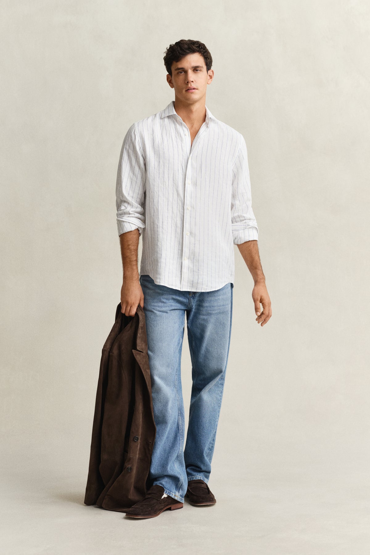 WHITE, REG LINEN STRIPE SHIRT BY GANT AU.