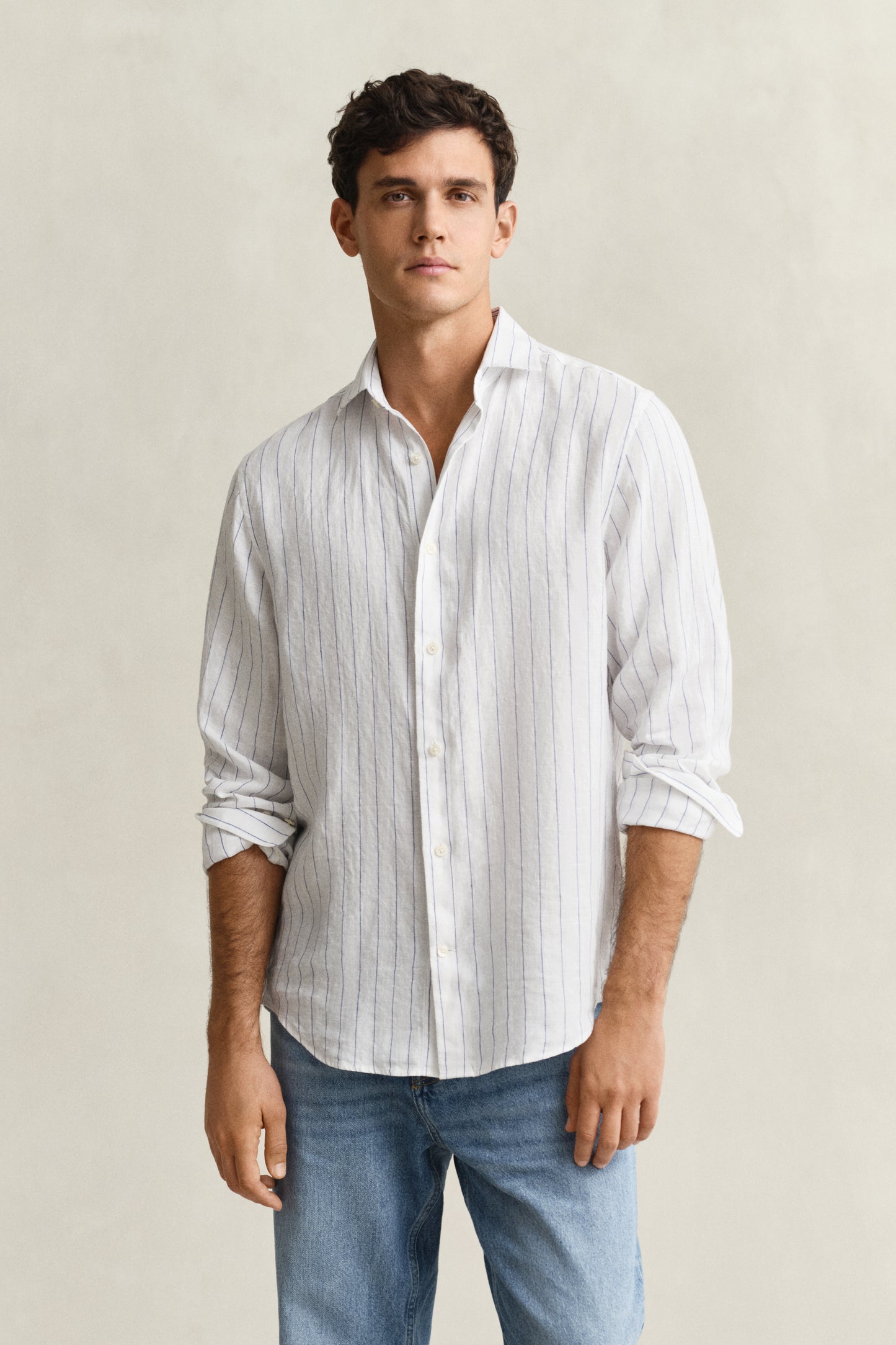 WHITE, REG LINEN STRIPE SHIRT, FRONT-VIEW BY GANT AU.