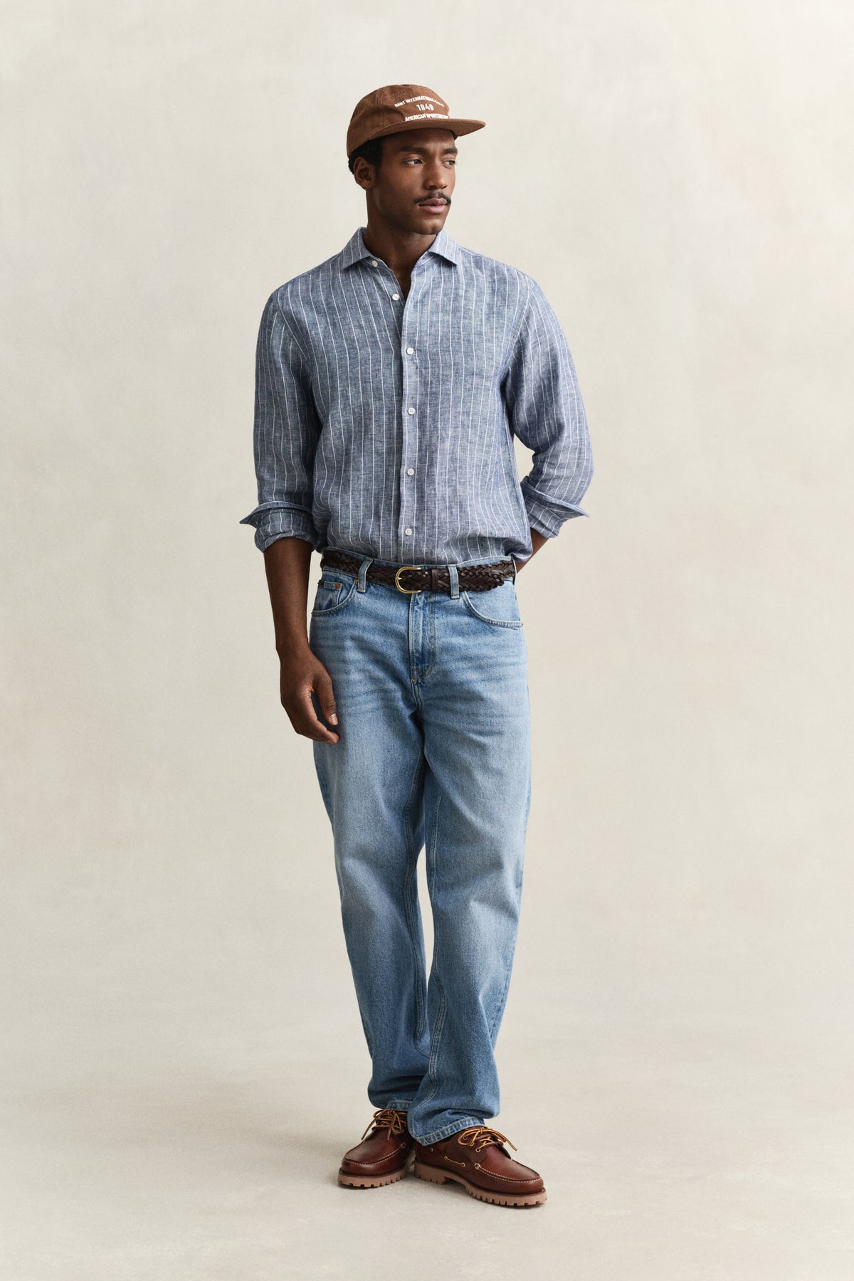 PERSIAN BLUE, REG LINEN STRIPE SHIRT BY GANT AU.