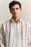 MODEL WEARING REG MULTISTRIPE LINEN SHIRT