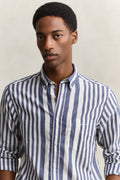 MODEL WEARING REG COTTON VOILE STRIPE SHIRT