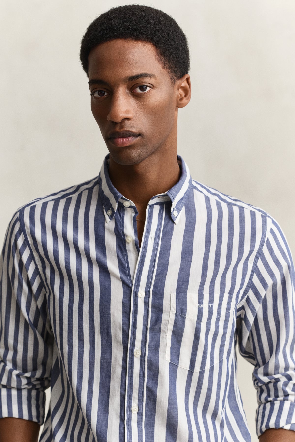 MODEL WEARING REG COTTON VOILE STRIPE SHIRT
