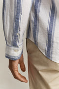 MODEL WEARING REG COTTON LINEN STRIPE SHIRT