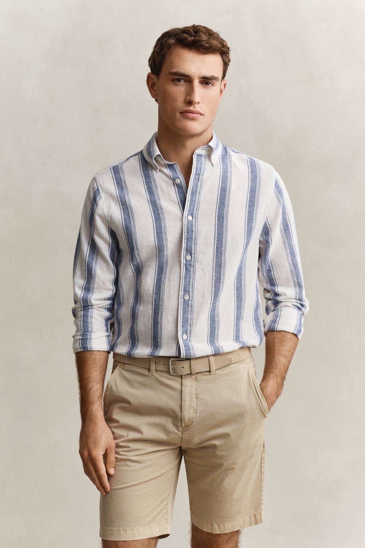 VINTAGE BLUE, REG COTTON LINEN STRIPE SHIRT, FRONT-VIEW BY GANT AU.