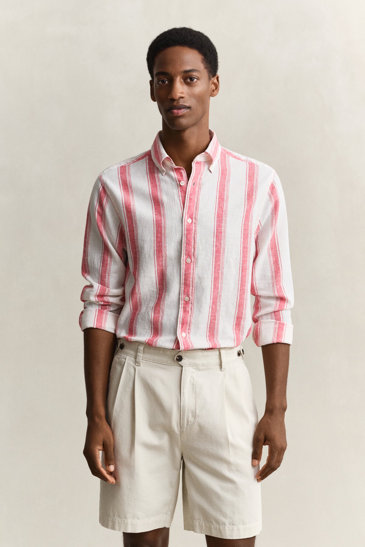 ROSE RED, REG COTTON LINEN STRIPE SHIRT, FRONT-VIEW BY GANT AU.